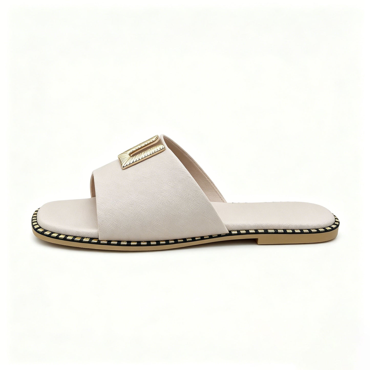 Womens Casual Flat Slide Sandals, Fashion Metal Ornament Soft Comfort Walking Sandals For Beach Shopping Vacation Daily Wear
