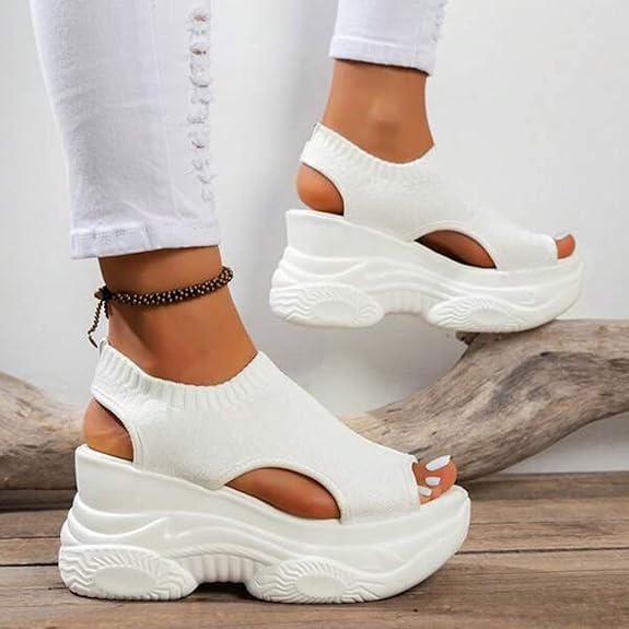 CsgrFagr Thick Soled Sandals for Women Summer Mesh Breathable Fish Mouth Sloping Heel Sandals for Sports and Leisure (White, 7.5)