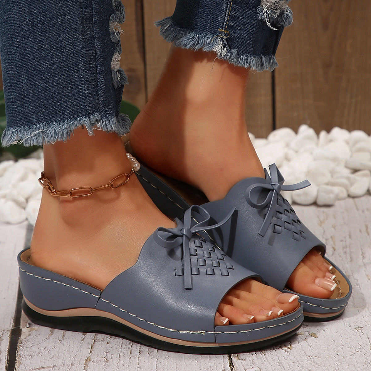 Orthopedic Wedge Slide Sandals for Women, Bow Woven Leather Slippers with Arch Support, Non-Slip Comfortable Summer Shoes for Plantar Fasciitis & Flat Feet