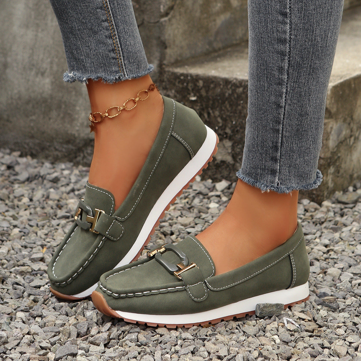 Wowcloth Women's Fashion Casual Loafer Shoes – Comfortable Slip-On Round Toe with Metal Buckle Detail for Spring Summer Footwear,Plus Size