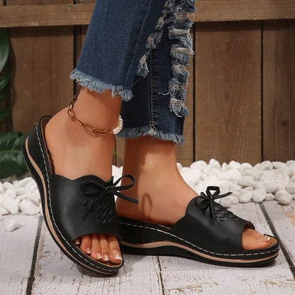 Orthopedic Wedge Slide Sandals for Women, Bow Woven Leather Slippers with Arch Support, Non-Slip Comfortable Summer Shoes for Plantar Fasciitis & Flat Feet