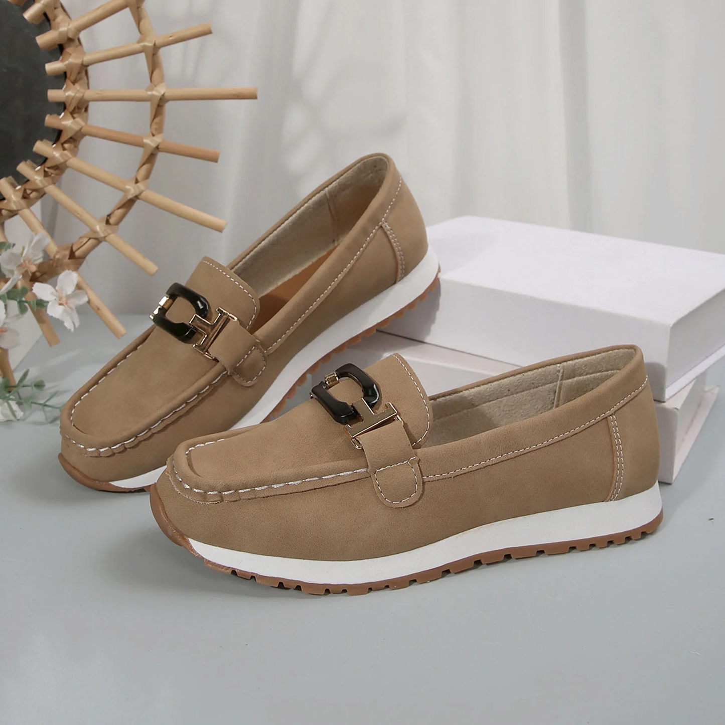 Wowcloth Women's Fashion Casual Loafer Shoes – Comfortable Slip-On Round Toe with Metal Buckle Detail for Spring Summer Footwear,Plus Size