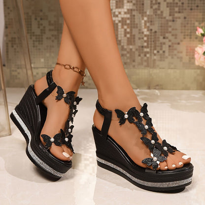 Women's Rhinestone Butterfly Wedge Sandals with Arch Support