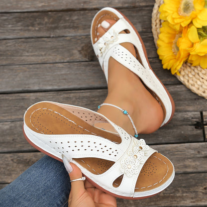 Wedge-heeled Thick-soled Hollow Rivet Flower Slippers