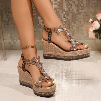 Women's Rhinestone Butterfly Wedge Sandals with Arch Support
