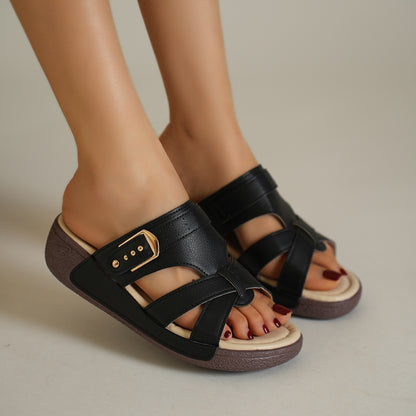 Women's wedge sandals, open-toe design, breathable and non-slip, thick wedge heel, made of PU material, suitable for summer footwear, soft and stylish, with arch support.