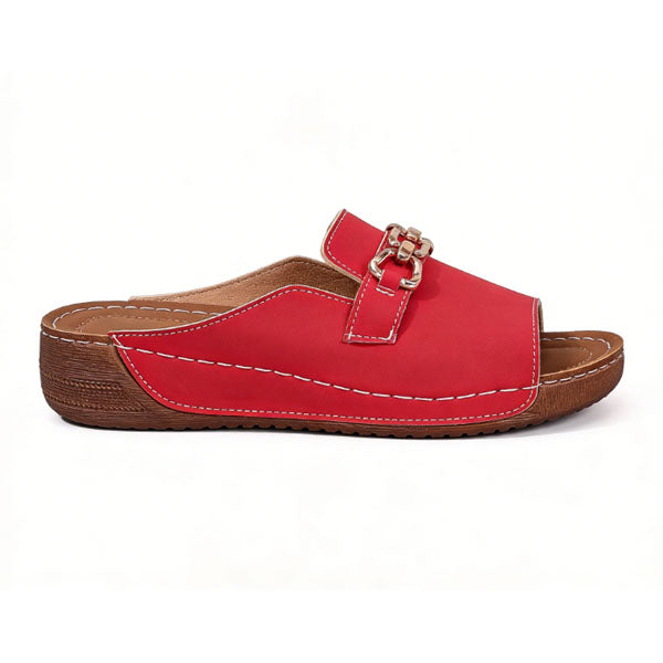 Metallic Buckle Wedge Mules – Easy Slip-On with Arch Support