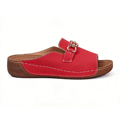 Metallic Buckle Wedge Mules – Easy Slip-On with Arch Support