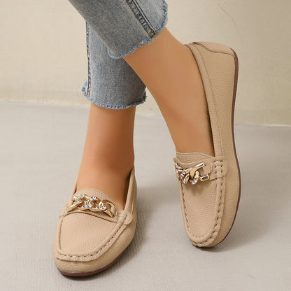 Women's Spring/Autumn Rhinestone Decor Flat Loafers, New Spring/Summer White Lychee Grain Slip-On Loafers With Metal Crystal Chain Decoration, Versatile Outdoor Comfortable Moccasins