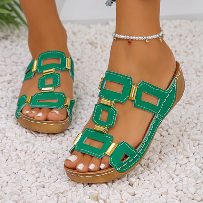 Genuine Leather Arch Support Sandals, Comfort All-Day Multi-Color Hollow Out Summer Slides Slippers
