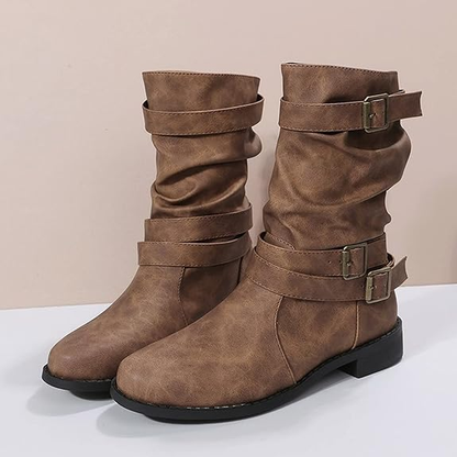 (⏳NOW ON: 70% OFF Sale! 🔥)Fashion Wide Calf Boots Women Leather Square Heels Zipper Round Toe Mid Boots Shoes Outdoor Casual Hiking Boots