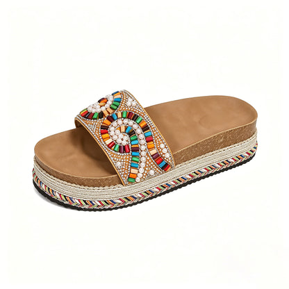 Women's Comfortable Arch Support Sandals, Boho Beaded Slip-on Platform Slides