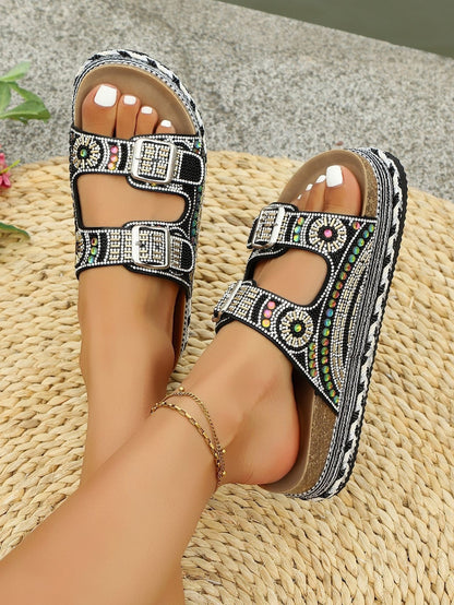 Women's Boho Beaded Rhinestone Platform Slides, Cork Footbed Adjustable Buckle Wedge Sandals