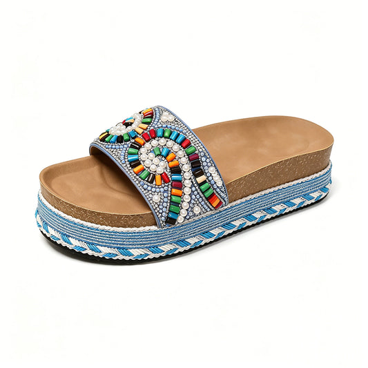 Women's Comfortable Arch Support Sandals, Boho Beaded Slip-on Platform Slides