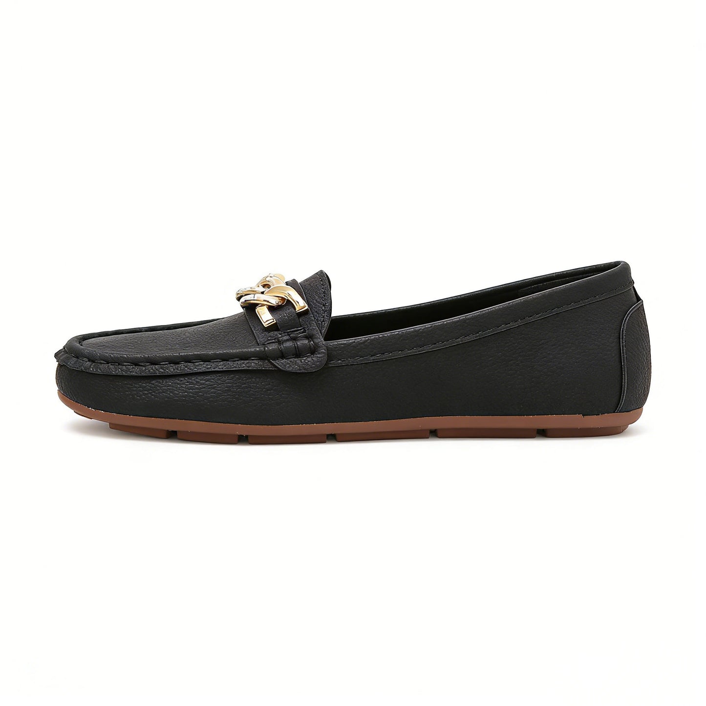 Women's Spring/Autumn Rhinestone Decor Flat Loafers, New Spring/Summer White Lychee Grain Slip-On Loafers With Metal Crystal Chain Decoration, Versatile Outdoor Comfortable Moccasins
