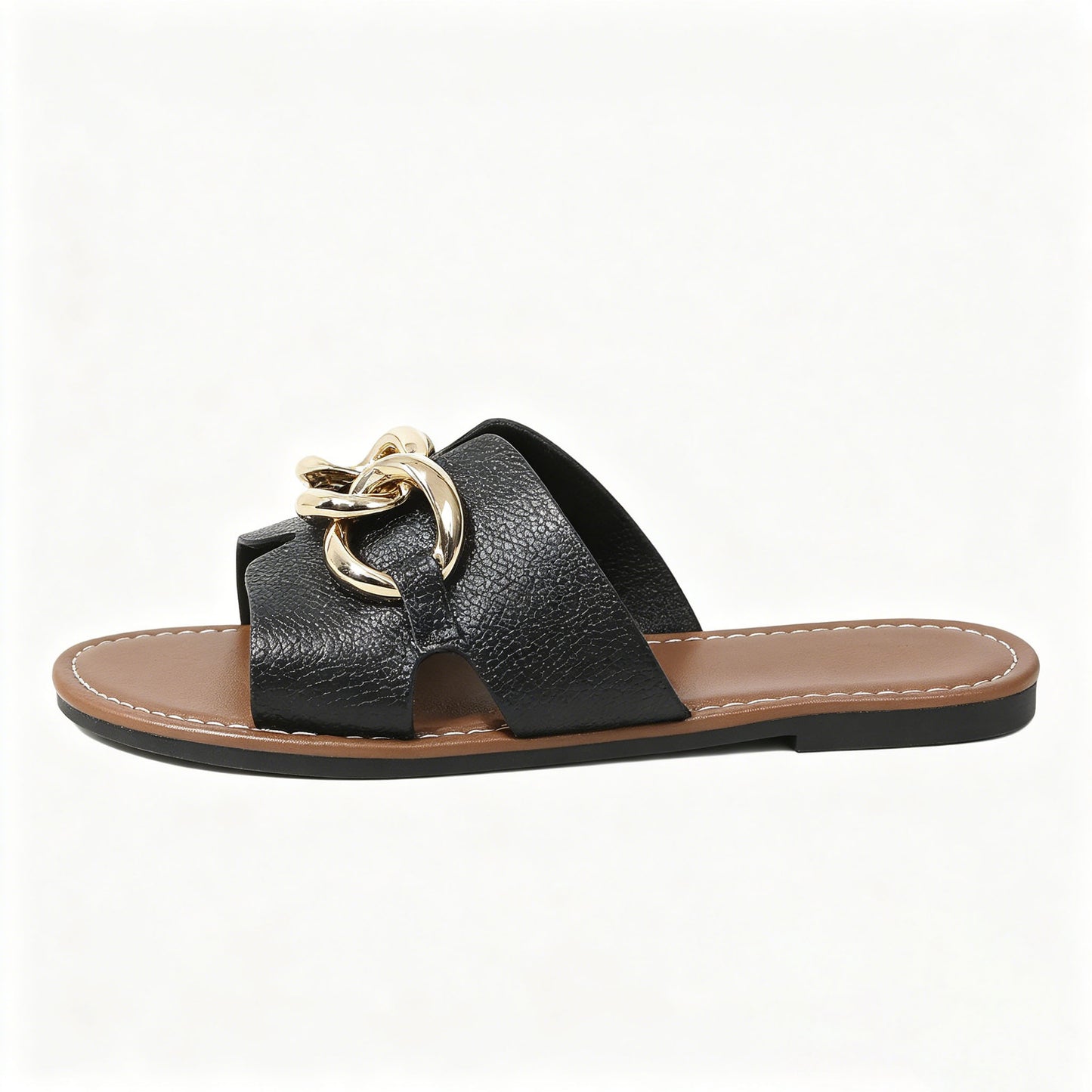 Women's PU flat sandals, stylish open-toe slip-on sandals, adorned with gold chains, non-slip casual sandals.