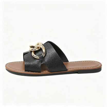 Women's PU flat sandals, stylish open-toe slip-on sandals, adorned with gold chains, non-slip casual sandals.