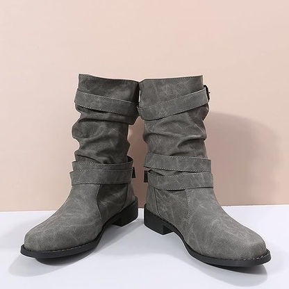 (⏳NOW ON: 70% OFF Sale! 🔥)Fashion Wide Calf Boots Women Leather Square Heels Zipper Round Toe Mid Boots Shoes Outdoor Casual Hiking Boots