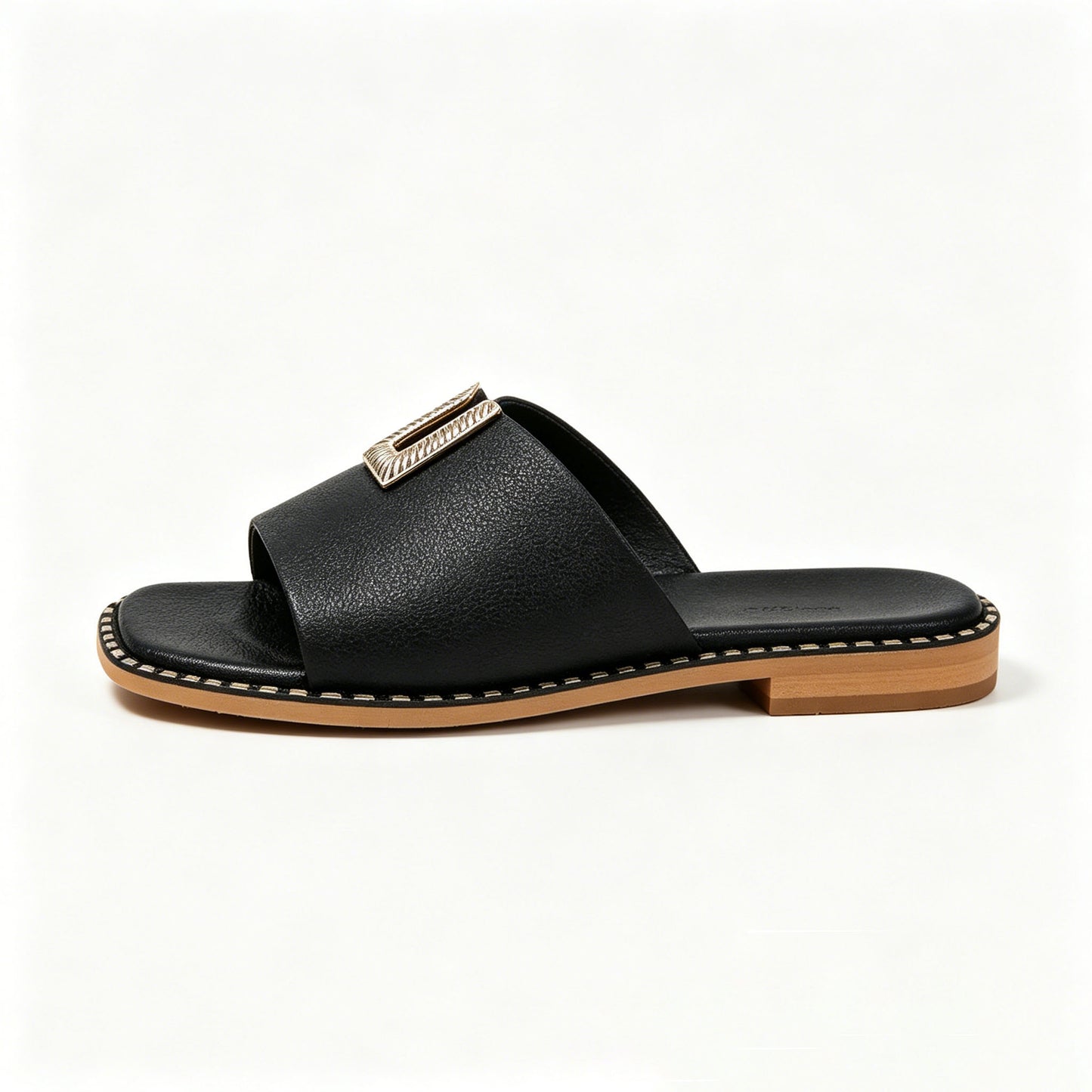 Womens Casual Flat Slide Sandals, Fashion Metal Ornament Soft Comfort Walking Sandals For Beach Shopping Vacation Daily Wear