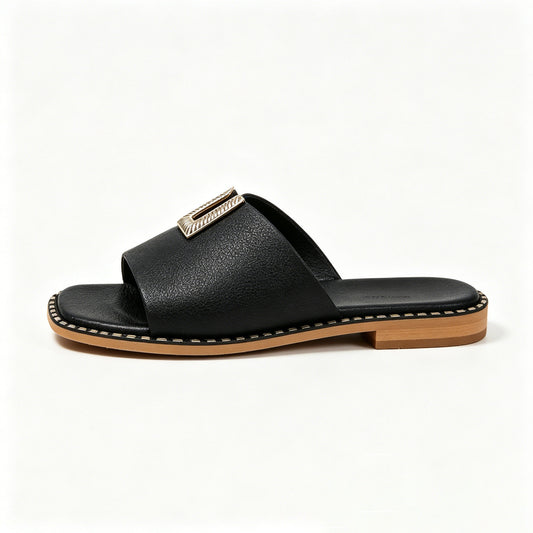 Womens Casual Flat Slide Sandals, Fashion Metal Ornament Soft Comfort Walking Sandals For Beach Shopping Vacation Daily Wear