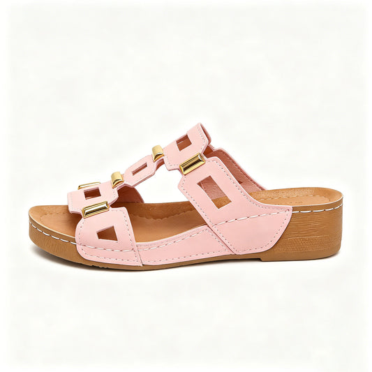 Genuine Leather Arch Support Sandals, Comfort All-Day Multi-Color Hollow Out Summer Slides Slippers