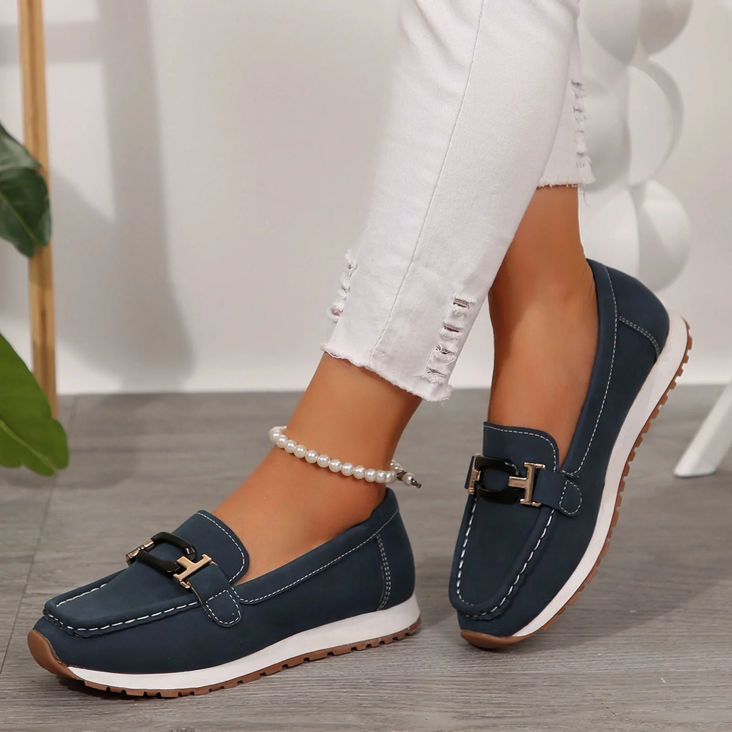 Wowcloth Women's Fashion Casual Loafer Shoes – Comfortable Slip-On Round Toe with Metal Buckle Detail for Spring Summer Footwear,Plus Size