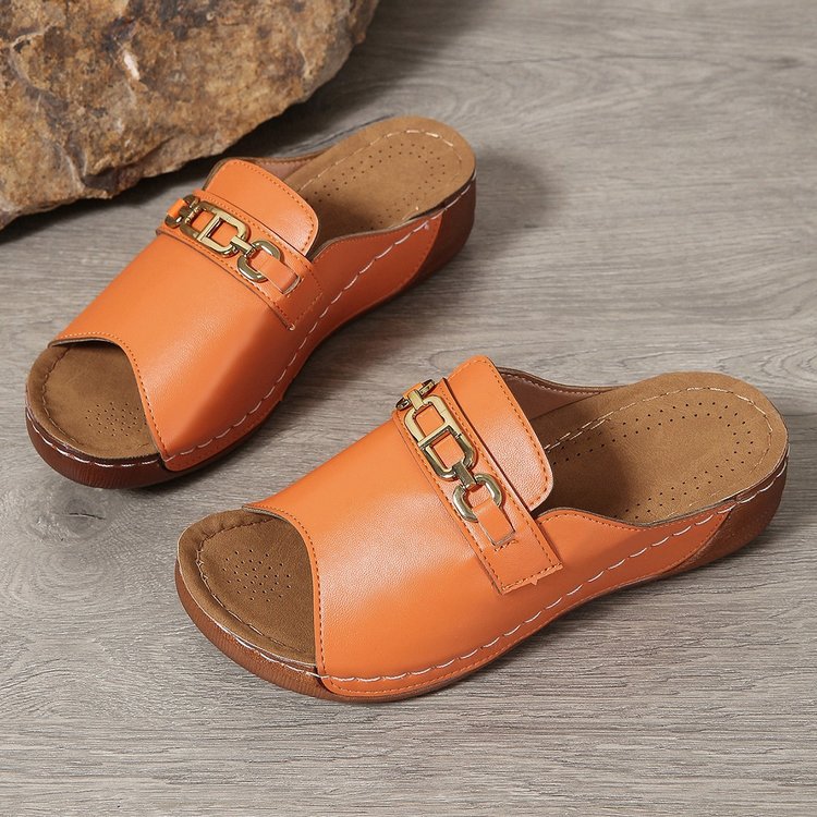 Metallic Buckle Wedge Mules – Easy Slip-On with Arch Support
