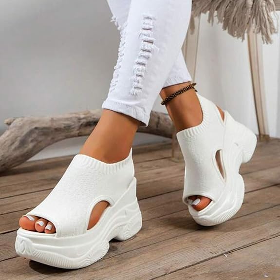 CsgrFagr Thick Soled Sandals for Women Summer Mesh Breathable Fish Mouth Sloping Heel Sandals for Sports and Leisure (White, 7.5)