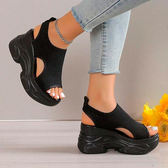 CsgrFagr Thick Soled Sandals for Women Summer Mesh Breathable Fish Mouth Sloping Heel Sandals for Sports and Leisure (White, 7.5)