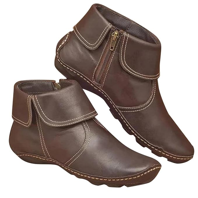(⏳NOW ON: 70% OFF Sale! 🔥)Retro Women Walking Arch Support Boots Faux Leather Zip Flat Ankle Booties Shoes