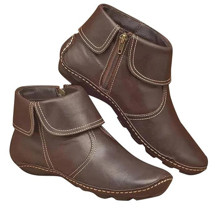 (⏳NOW ON: 70% OFF Sale! 🔥)Retro Women Walking Arch Support Boots Faux Leather Zip Flat Ankle Booties Shoes