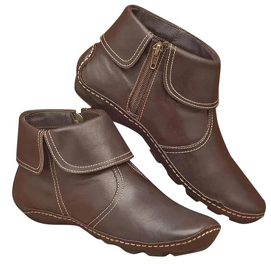 (⏳NOW ON: 70% OFF Sale! 🔥)Retro Women Walking Arch Support Boots Faux Leather Zip Flat Ankle Booties Shoes