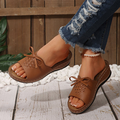 Orthopedic Wedge Slide Sandals for Women, Bow Woven Leather Slippers with Arch Support, Non-Slip Comfortable Summer Shoes for Plantar Fasciitis & Flat Feet