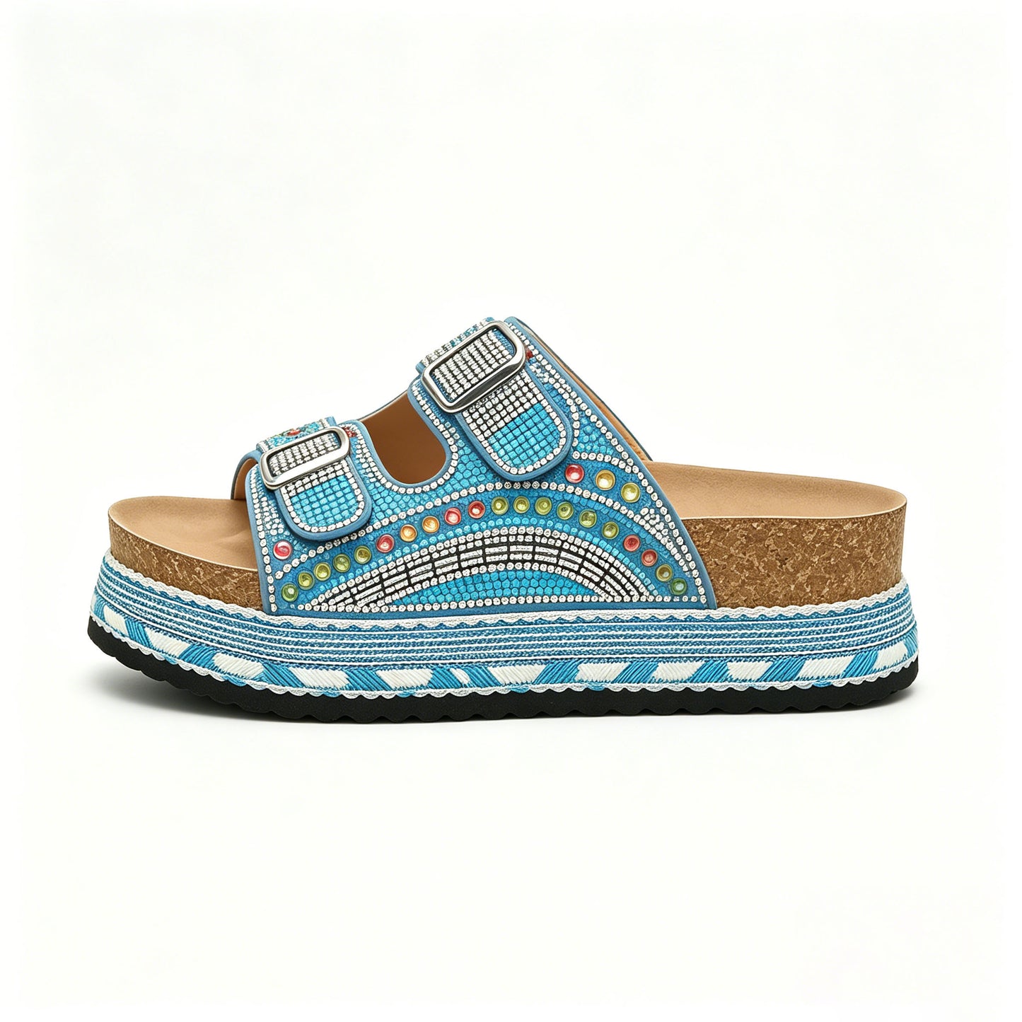 Women's Boho Beaded Rhinestone Platform Slides, Cork Footbed Adjustable Buckle Wedge Sandals